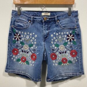 Vintage America Blues Denim Embroidered Floral Bermuda Shorts Distressed 8/29